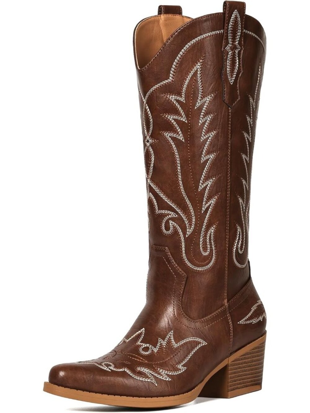 Women Pu Brown Pull-On Western Mid-Calf Cowboy Snip Toe Chunky Block Heel - Picture 4 of 6